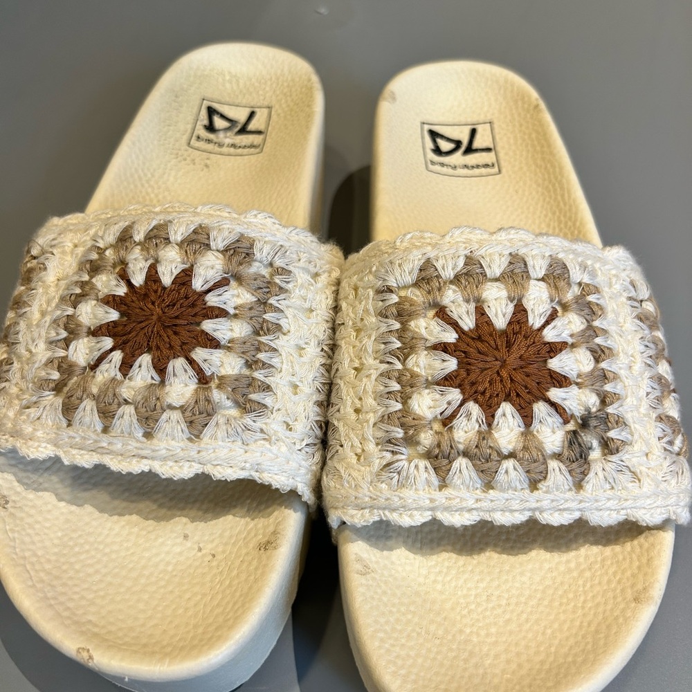 Dirty Laundry Crochet Slide Sandals - Cream and Brown